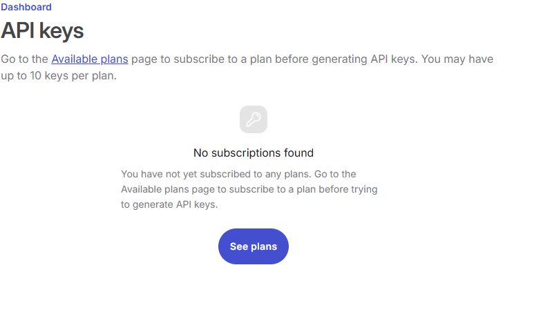 API keys ページ：サブスクリプションなし